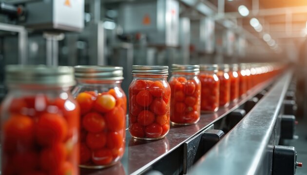 Glass jars filled with ripe tomatoes move along an automated conveyor belt in a food processing factory. Shiny metal machinery aids efficient mass production of canned goods for consumer markets.