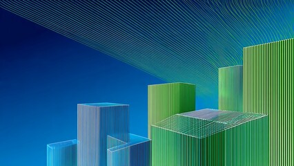 Green and Blue Gradient Prisms with Solid Lines on Blue Background