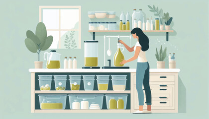 Woman Organizing Storage Containers in Kitchen.