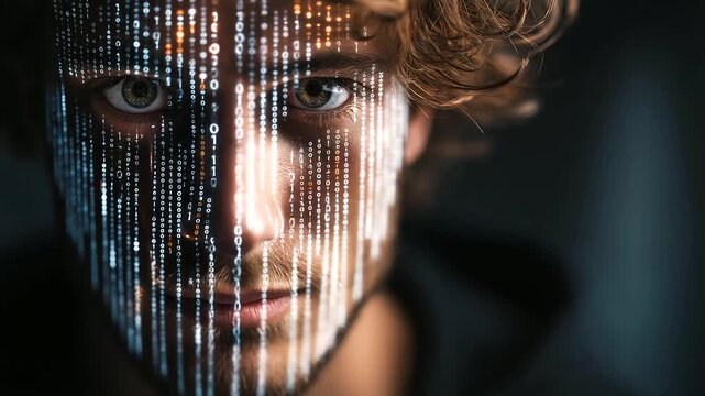 Human face partially covered with projected binary code, cyber security and privacy concept, faceless composition, defocused background, with copy space