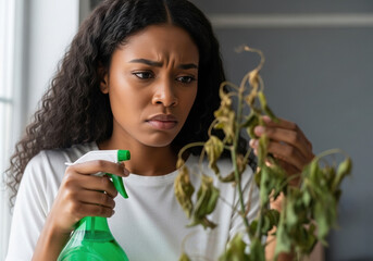 African American woman looking concerned while watering a dying plant  