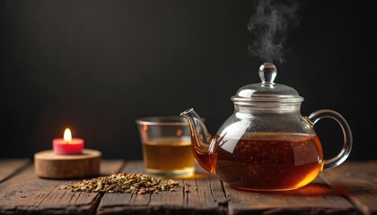 Naklejka premium Steaming hot herbal tea brews in a clear glass teapot on a rustic wooden table near a lit red candle and dried herbs. A glass of amber liquid sits beside the pot.
