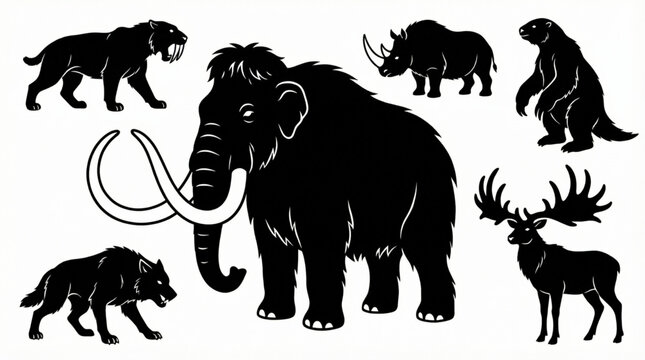 Ice Age Animals Black and White Decorative Prehistoric Wildlife Collection with Woolly Mammoth
