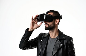 Man wears VR headset adjusting device. He experiences digital world, exploring virtual reality, futuristic tech. Modern male interacts with new entertainment.