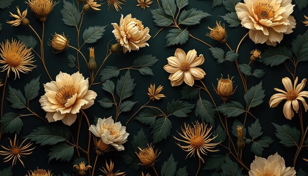Gold flowers and green leaves arranged in a seamless pattern. Elegant botanical illustration with detailed petals and foliage on a dark backdrop. Natural floral design for decor.