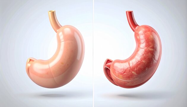 3D Medical Illustration of Normal Stomach Versus Inflamed Stomach with Gastritis