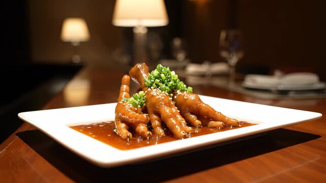 Delicious braised chicken feet served on a white rectangular plate with savory sauce and green onions in a restaurant setting.
