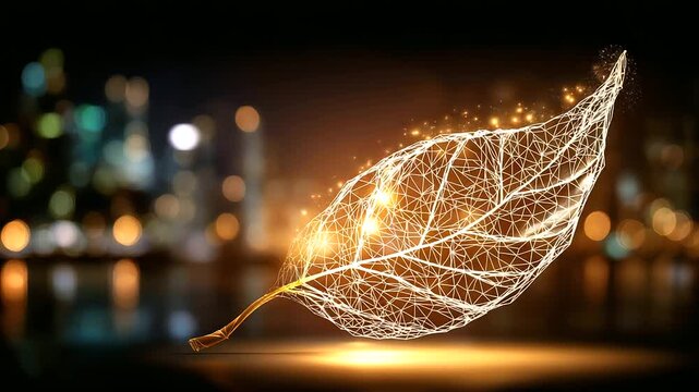 Abstract glowing leaf formed by digital network lines, innovation and connectivity concept, technology meets nature, dark background, defocused glow, with copy space