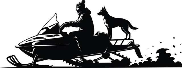 Silhouette of a man riding a snowmobile with a dog, winter outdoor adventure and snow sports activity in the mountains, cad drawing flat vector illustration. © mstHasina