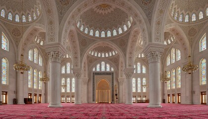 Fototapeta premium Beautiful mosque interior with islamic architecture. Perfect for religious, cultural, and architectural design themes.