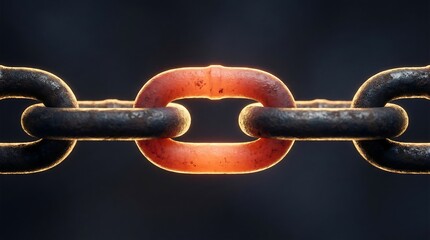 Rusty chain with one glowing red link on dark background