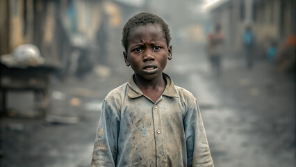 Fototapeta premium Poor kid portrait in gloomy slum background concept. A child in a dusty street, highlighting urban poverty and resilience.