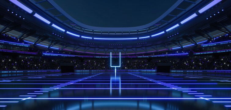 Empty futuristic American football sports stadium with neon lighting is ready for the upcoming grand event. My own design of 3D rendering illustration.