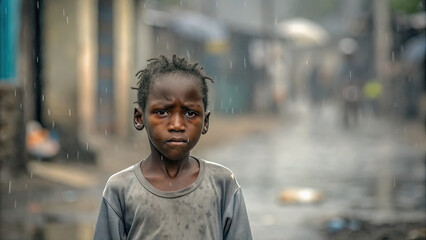 Fototapeta premium Poor kid portrait in gloomy slum background concept. A child stands in the rain, embodying resilience and hope.