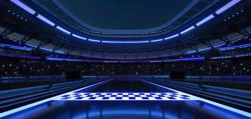 Naklejka premium Empty futuristic racing sports racing with neon lighting is ready for the upcoming grand event. My own design of 3D rendering illustration.
