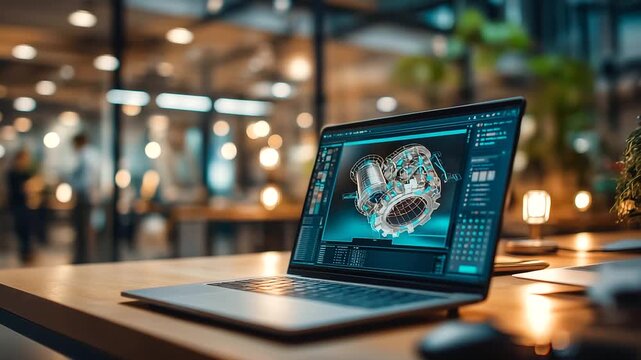 Laptop displaying 3D model of mechanical component in modern illuminated workspace, engineering design scene, digital modeling environment, with copy space