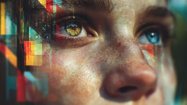 Mosaic of faces morphing men and women concept. A close-up of a person with vibrant, expressive eyes and textures.