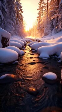 A winter stream meanders among snow-dusted rocks and frost-covered trees. The golden light of sunrise softly reflects off the barely noticeable ripples and eddies of the water.