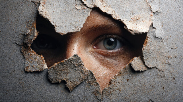 Mosaic of faces morphing men and women concept. A close-up of an eye peering through a cracked wall surface.
