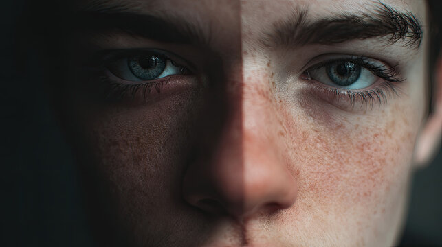 Mosaic of faces morphing men and women concept. A close-up portrait highlighting two halves of a young man's face.
