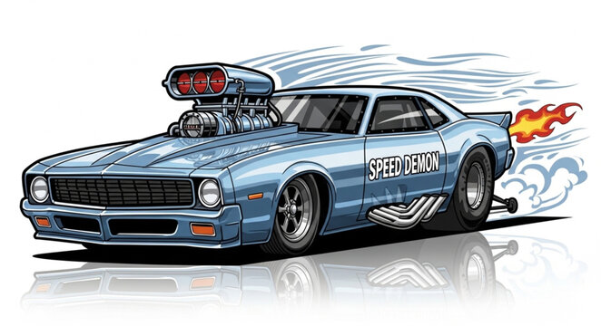 Vintage Blue Muscle Car Illustration.