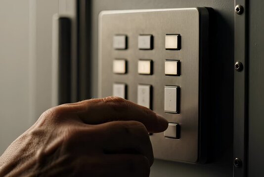Hand entering access code on digital keypad lock, securing a modern door with illuminated buttons in close-up view.