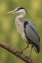 Fototapeta premium A majestic grey heron perches on a branch, showcasing its white and grey feathers, long neck, and sharp beak in a serene natural setting.