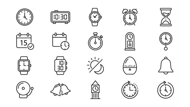 Comprehensive Time and Schedule Outline Icons. Clocks, Alarms, Calendar, and Deadline Management Vector Set for Productivity Apps, Planning Tools, and Time Tracking.