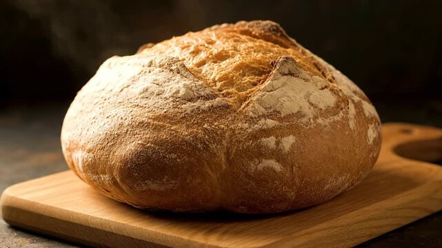 Freshly baked bread on wooden board.