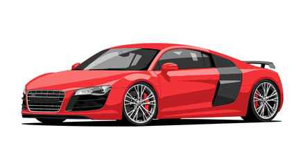 Naklejka premium A high-performance red sports car with sleek design and silver rims parked on a clean roadside with clear view of its front and side profile.