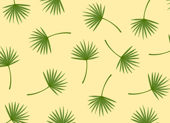 Fototapeta premium Mid Century Modern Palm Fan Seamless Pattern with Green Tropical Leaves on Pastel Yellow Background