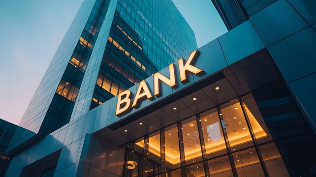 Modern bank building exterior at dusk, financial institution architecture illustration showcasing corporate headquarters, urban business district, investment, banking services, and economy concept