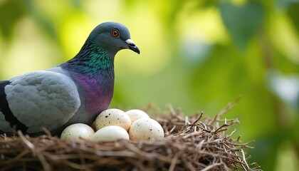 Pigeon parent sits on nest with speckled eggs. Bird protects offspring in twig home. Nature scene shows new life beginning. Watchful bird awaits hatching.