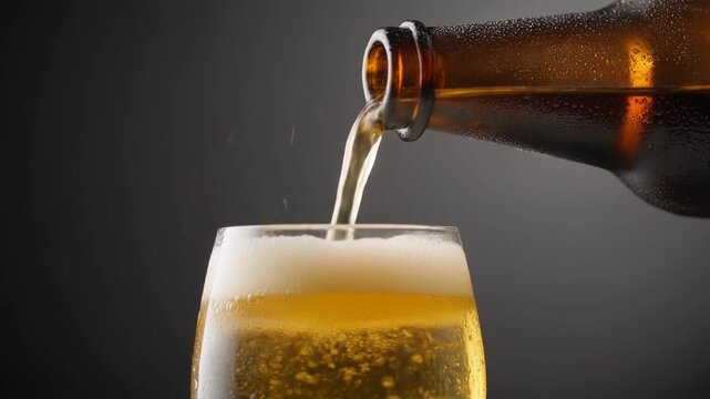 Beer being poured into a glass from a bottle, capturing the moment of refreshment and relaxation in a close-up shot