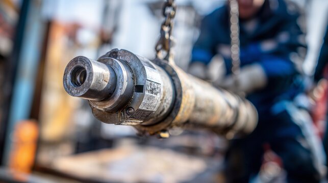 Close-up of a downhole water extraction well pump component being handled on a rig, representing groundwater extraction and well maintenance.