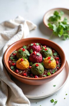 Pkhali vegan balls from beet spinach nuts in clay bowl ketsi. Colorful vegetable appetizer garnished with pomegranate seeds cilantro. Georgian cuisine served with sauce.