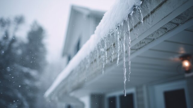 Gutter rimmed with heavy winter snow and frozen ice, icicle formation along roofline suggesting ice dam risk and winter drainage blockage.