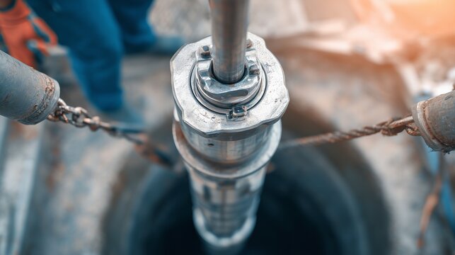 Submersible water pump being lowered into a deep borehole with metal pipe system and wire rope, representing well drilling and installation.
