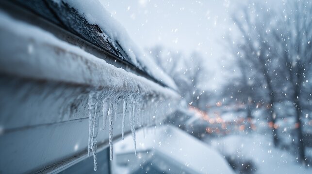 Icicle on roof gutter during snowstorm, representing ice and snow removal risk and winter maintenance.