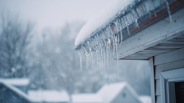 Snow-covered roof edge with icicle-laden gutter illustrating winter gutter protection and ice-dam risk management.
