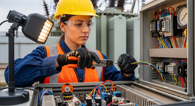 Focused female technician expertly connecting wires in an industrial control panel, showcasing precision and skilled labor in modern electrical engineering