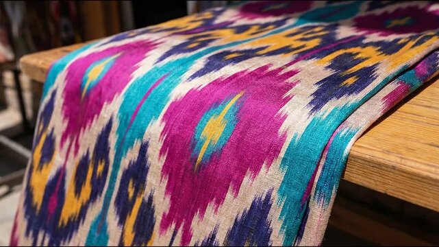 Vibrant traditional ikat weaving patterns on colorful regional textiles. close up showcasing intricate handcrafted detail and rich ethnic design