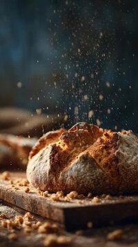 Macro shot of rustic sourdough bread being broken apart with flying crumbs and warm atmospheric lighting
