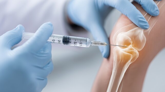 Gloved clinician injecting platelet-rich plasma into a knee, highlights minimally invasive regenerative therapy for joint pain and cartilage healing.