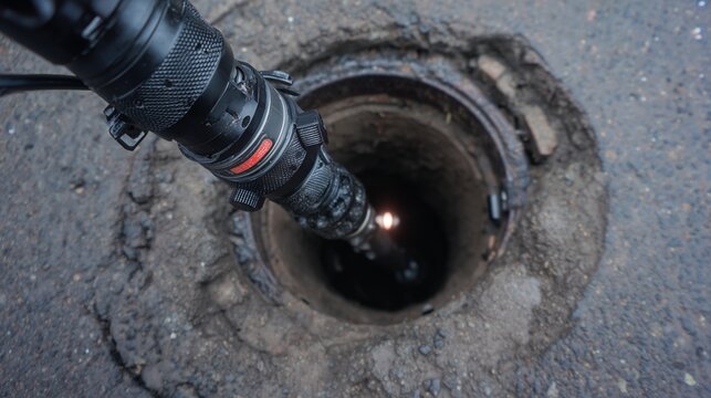 Inspection camera inserted into a drain pipe opening for sewer line diagnosis and blockage detection.