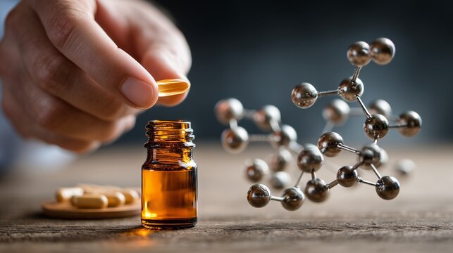 Hand placing capsule by amber vial beside molecular model, conveying hormone replacement therapy for wellness and healthcare balance.