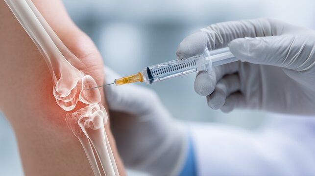 Clinician injecting knee joint illustrating non-surgical orthopedics treatment for knee osteoarthritis, highlighting injection therapy and joint pain management.