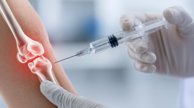Gloved hand injects knee joint, highlighted joint overlay indicates injection therapy for knee pain management and joint inflammation relief.