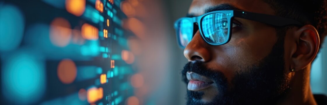 Man wearing glasses looks at digital data on screen. He analyzes numbers and charts, contemplating big data and tech trends for business strategy.