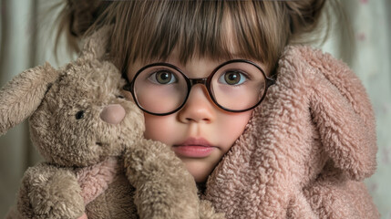 Timelapse of girl's transformation to old woman concept. A young girl holds a plush bunny, showcasing innocence and warmth.